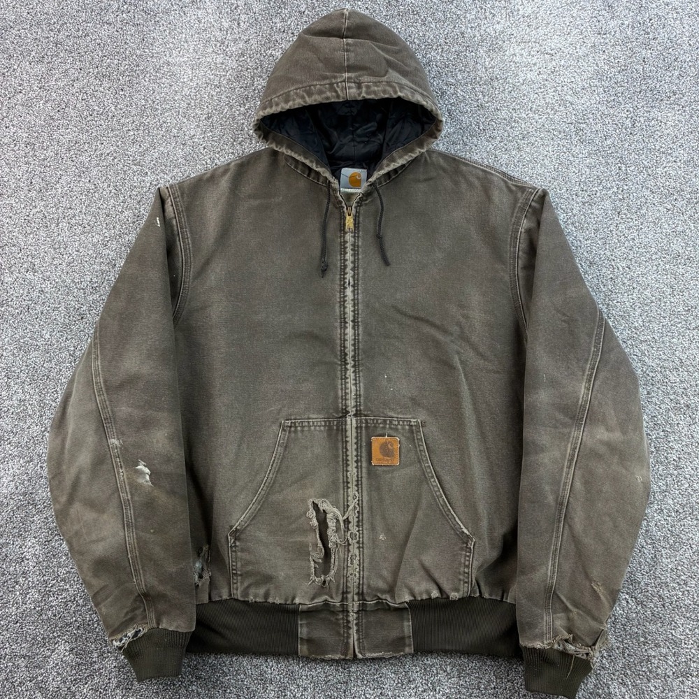 Vintage Carhartt Active‎ Jacket Mens XL Tall Brown Faded Canvas Hooded J06 TMB